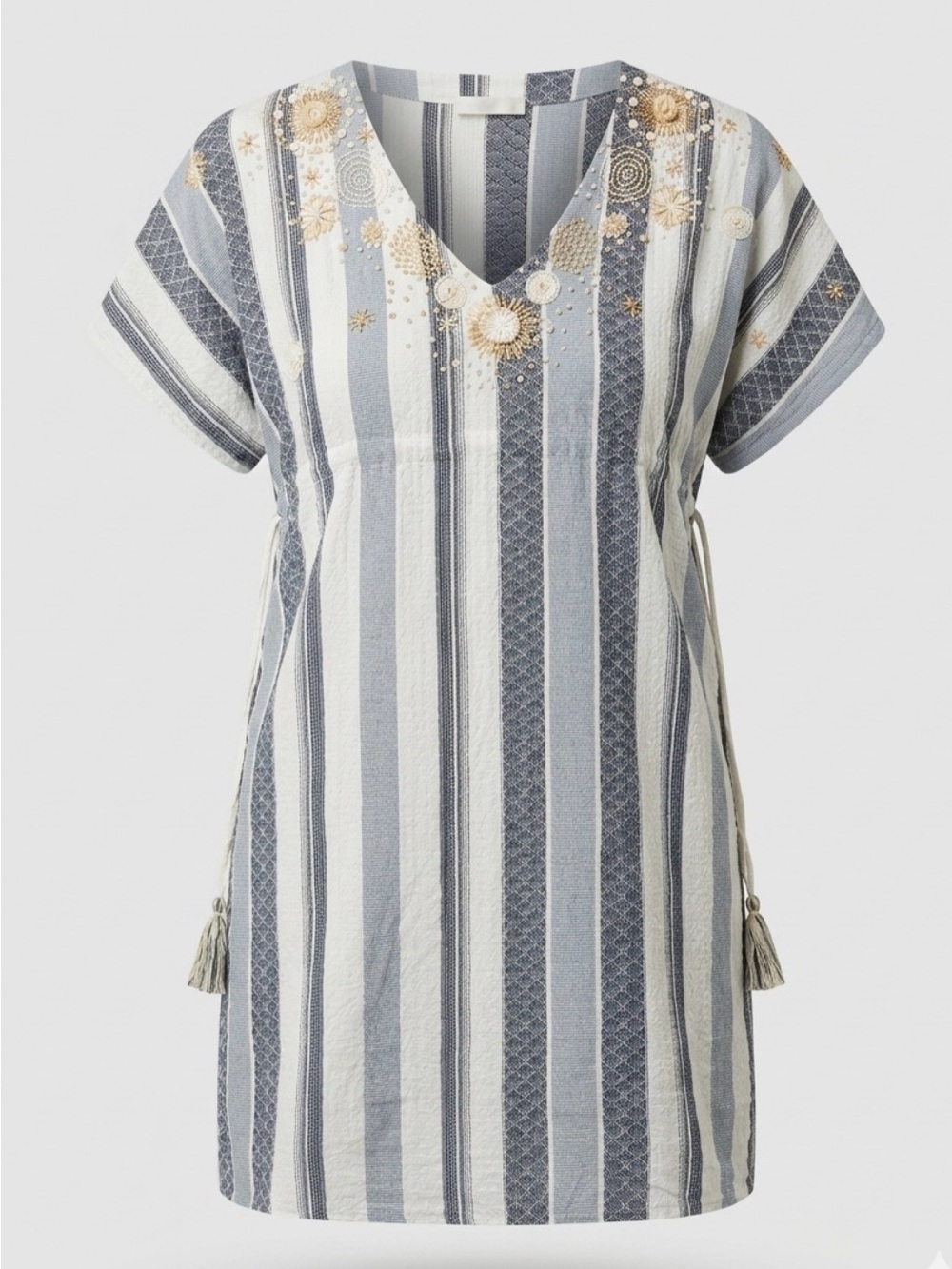 Anthropologie Blue and White Striped Embroidered Swim Coverup